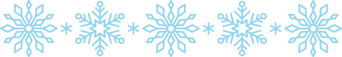 Winter snow icon divider with blue snowflakes on a white background. Festive Christmas banner, New Year card. Symbol of frosty whether and happy holidays. Vector illustration