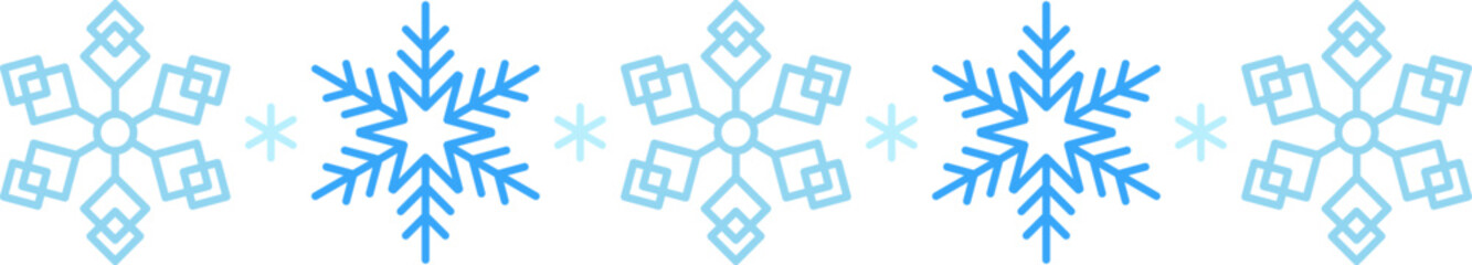 Winter snow icon divider with blue snowflakes on a white background. Festive Christmas banner, New Year card. Symbol of frosty whether and happy holidays. Vector illustration