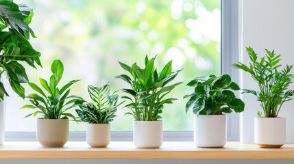 Obraz premium Indoor plants green foliage home decor natural light potted plants window sill modern design houseplants tranquility freshness vibrant colors