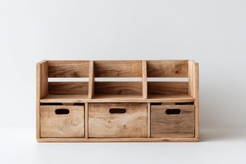 Rustic wooden organizer with three drawers and open compartments, light brown wood, simple design, clean lines, against a white background