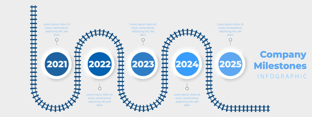 Curved roadmap infographic with five milestone circles and timeline steps for business or marketing. Infograph design with data flow and modern layout. Vector.