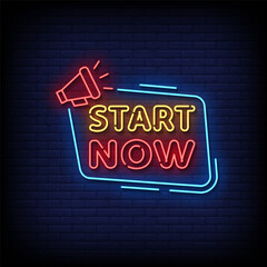 start now neon sign with brick wall background vector