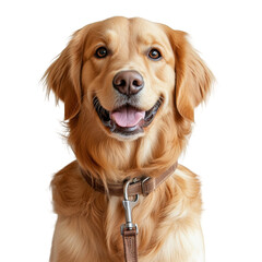 A brown dog is sitting on a white background with a leash