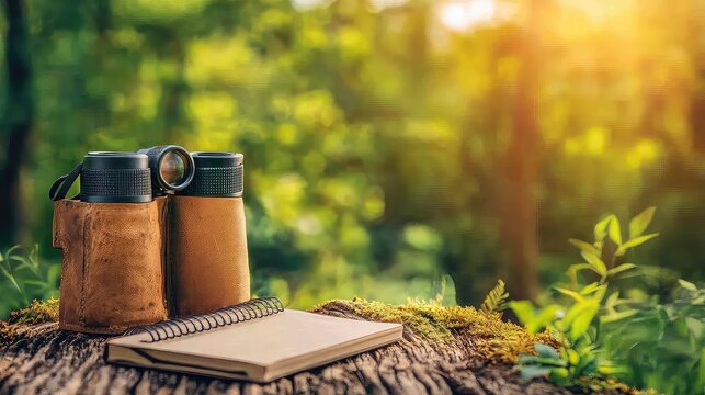 Bird watching equipment with binoculars, bird guides, notebooks, and nature backgrounds showcasing wildlife observation, outdoor hobbies, and eco-tourism themes