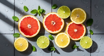 Vibrant citrus medley featuring grapefruit, lemon, lime, and mint on a tiled surface