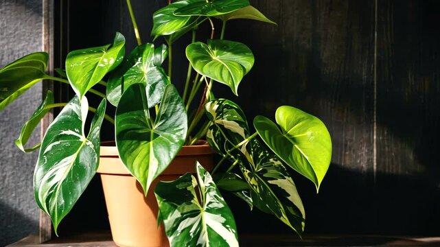 Lush green houseplant in a terracotta pot on a wooden shelf, sunlight casting soft shadows