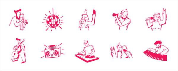 Hand Drawn Music and Party, Illustration Music Party Featuring Instruments and Dance