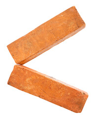 Side view of two cracked old red or orange bricks in stack isolated on white background with clipping path