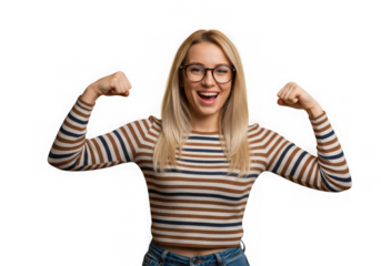 Woman flexing muscles with a happy expression on transparent background