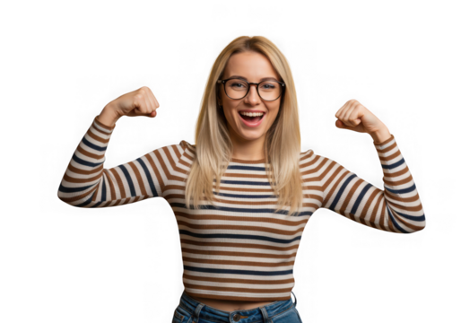 Woman flexing muscles with a happy expression on transparent background