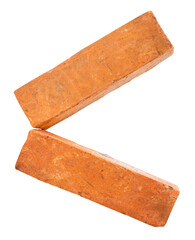 Side view of two cracked old red or orange bricks in stack isolated with clipping path in png file format