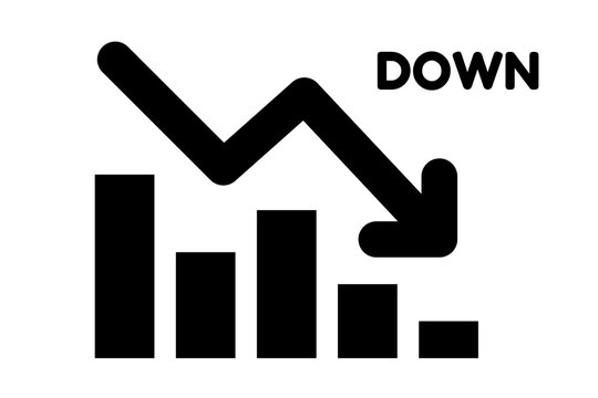 an icon depicting a downward trend. It features a bar chart with decreasing bar heights, and a thick, jagged arrow pointing downwards across the top of the bars. There is word  "DOWN"