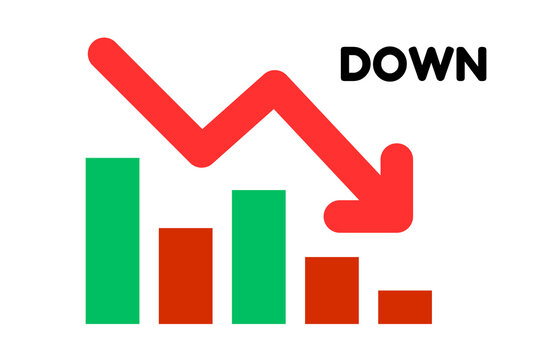 This icon illustrates a downward trend, featuring a bar chart with alternating green and red bars of decreasing height, a prominent red arrow pointing down, and the word "DOWN" 