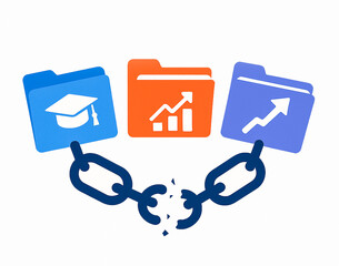 Flat vector of broken chain linking education, analytics, and business folders. Concept of disconnection, lack of integration, or broken process in HR or business systems.
