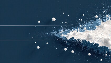 Fototapeta premium White and blue liquid splash against dark background; small spheres scattered. A horizontal banner space is included