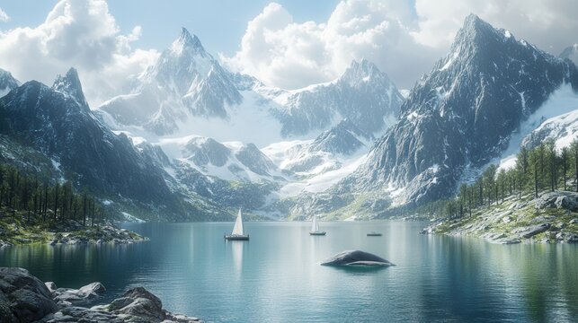 Serene mountain landscape with sailboats on a tranquil lake under a bright sky - Powered by Adobe