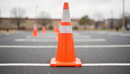 Bright orange parking cones in empty lot on cloudy day, driving education