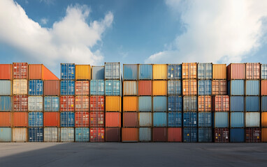 Fototapeta premium Stacked shipping containers under a blue sky with white fluffy clouds above them