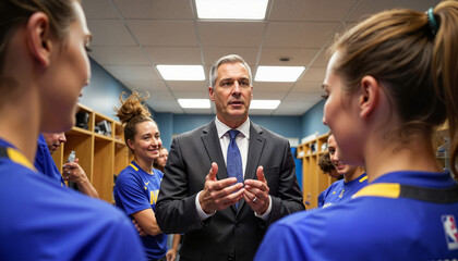 WNBA coach strategizing with players in locker room, teamwork focus