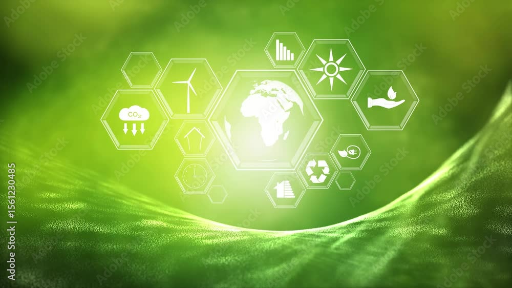 Poster concept eco icons on sunny green nature blurred abstract bokeh loop background.