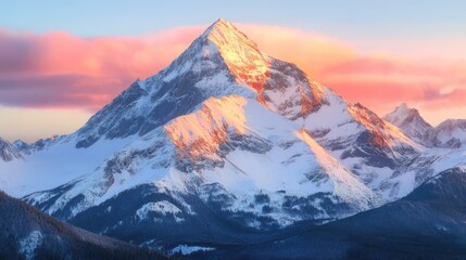 Majestic snowy mountain peak illuminated by the pastel hues of sunrise