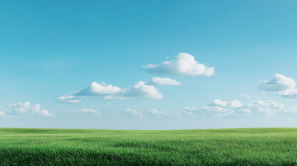Spring and Summer banner, Spring Landscape Green fields, Blue Sky and Clouds Background, Horizon peaceful rural nature Sunny day Summer with grass land, Cartoon illustration