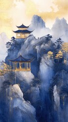 Mountaintop pagodas, misty dawn, tranquil scene, possible art print