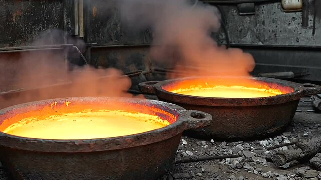 Molten metal being poured into large cauldrons in an industrial foundry with steam rising