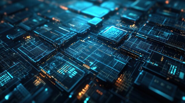 Futuristic, interconnected circuit board network design.