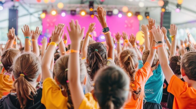 Energetic Crowd at Outdoor Concert with Raised Hands