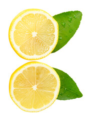 Front view set of ripe yellow lemon fruit or slices in two circles with green leaves isolated on white background with clipping path