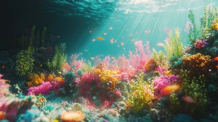 Vibrant coral reef teeming with colorful marine life under sunlit blue waters in a serene ocean environment