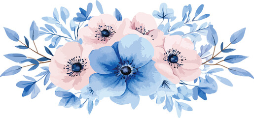 Watercolor Floral Arrangement with Pink and Blue Anemones on White Background