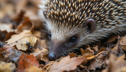 Fototapeta premium Cute Hedgehog Foraging in Autumn Leaves Wildlife