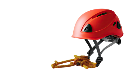 Safety First: A vibrant red safety helmet and climbing rope rest, ready for action. Evoking the spirit of adventure and the importance of safety.
