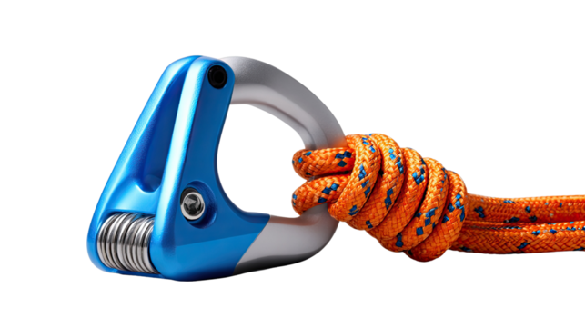 Rock Climbing Safety: An up-close view of a climbing belay device intertwined with a vibrant orange climbing rope, highlighting the essential gear for adventurous pursuits.