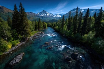 Fototapeta premium High-angle view of a pristine river flowing through a lush valley, flanked by towering, evergreen trees and snow-capped mountains