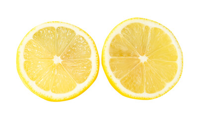 Top view set of ripe yellow lemon fruit or slices in two circles isolated on white background with clipping path