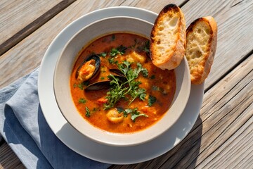 A vibrant seafood soup served in a bowl with fresh herbs and toasted bread on a wooden table