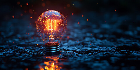 Glowing lightbulb in water reflecting innovation and creativity a concept of ideas and solutions for business