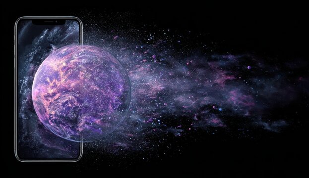 A vibrant purple and pink planet bursts from a sleek smartphone screen, leaving a cosmic trail of stardust against a black background