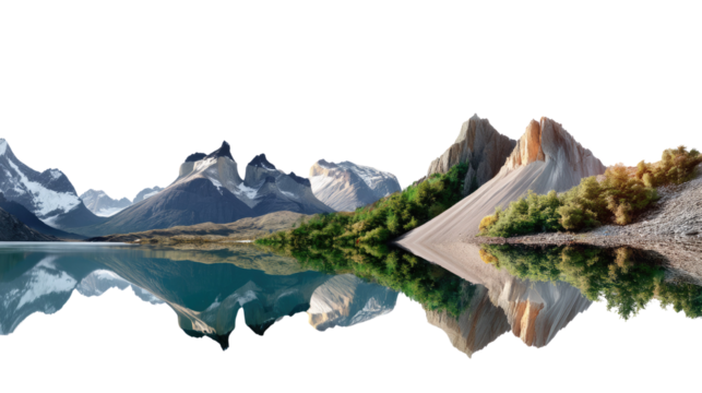 Mountain Lake Reflection: A serene mountain landscape is reflected perfectly in the calm waters of a pristine lake, showcasing the beauty of nature's symmetry. - Powered by Adobe