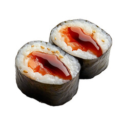 Two sushi rolls with a red sauce on top