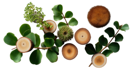 Botanical Harmony: A close-up view showcases a meticulously arranged collection of natural elements, including sprigs of lush greenery, segments of circular wood, and other organic details.