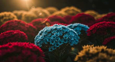 Blue Flower in Field of Red and Yellow Flowers