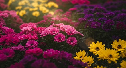 Fototapeta premium Colorful Flower Bed with Pink, Purple, Yellow Blooms