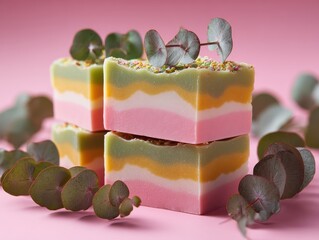 Colorful Natural Soap Bar with Eucalyptus and Vibrant Layers