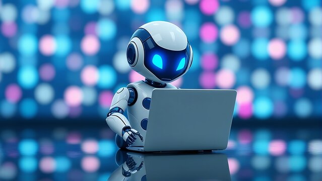 Cute futuristic robot with bright blue eyes working on a laptop computer