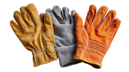 Working Gloves: A trio of robust work gloves, each in a unique color and design, arranged neatly to showcase their individual textures, stitching, and forms. 