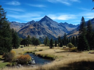 Obraz premium Mountain valley scene under a vibrant blue sky